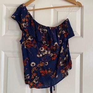 One-Shoulder Navy Floral Crop Top w/Tie